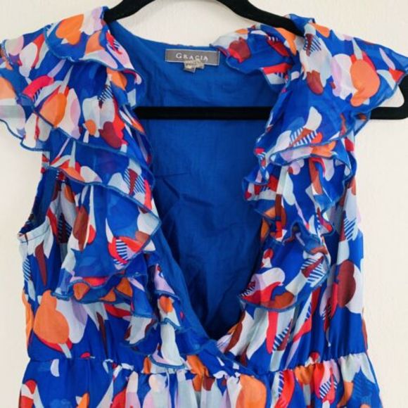 Gracia Blue Bird Print Silk Ruffle Neck Dress - Picture 3 of 5